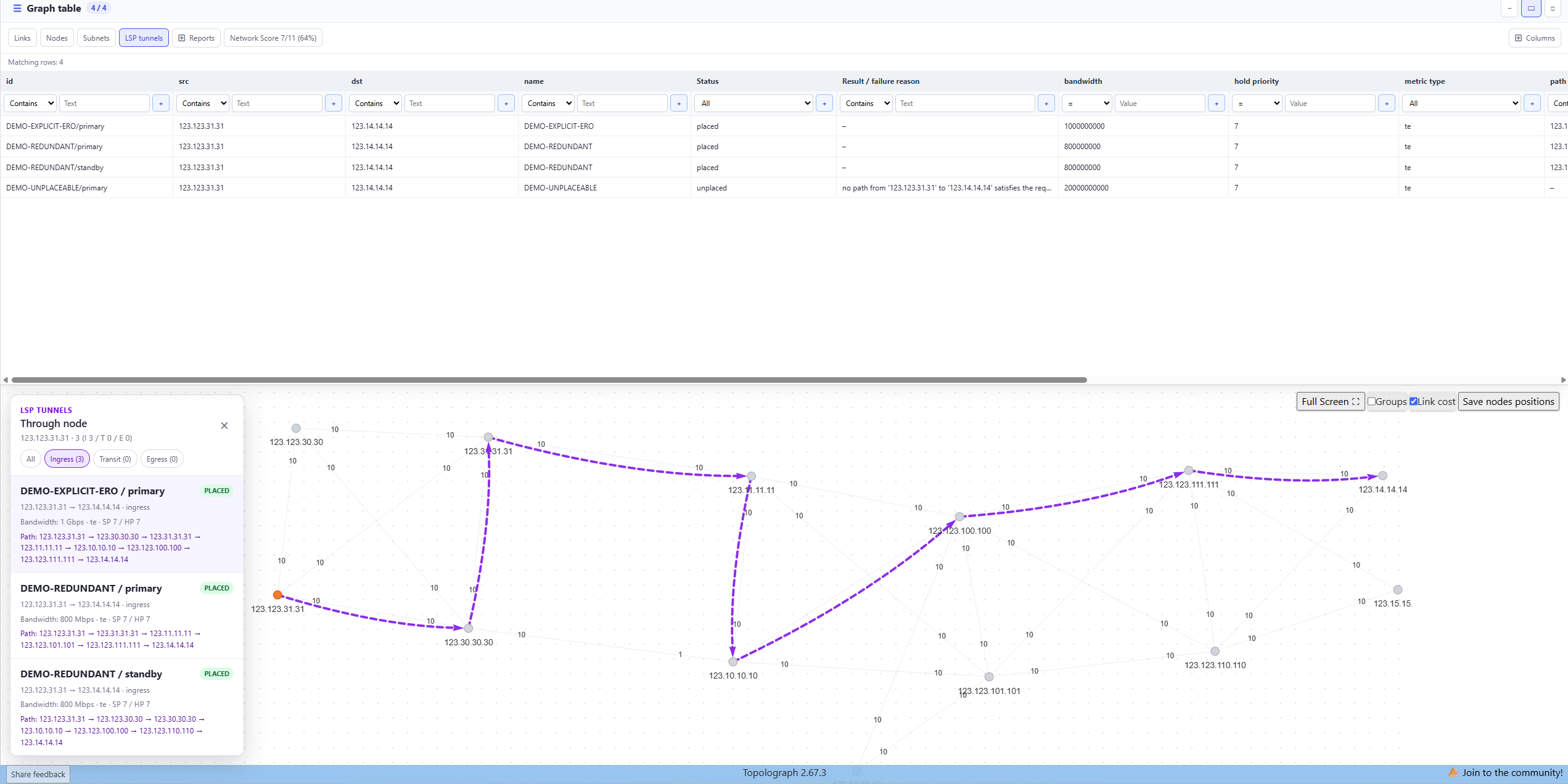 MPLS TE tunnels: LSP table and placed paths on the graph